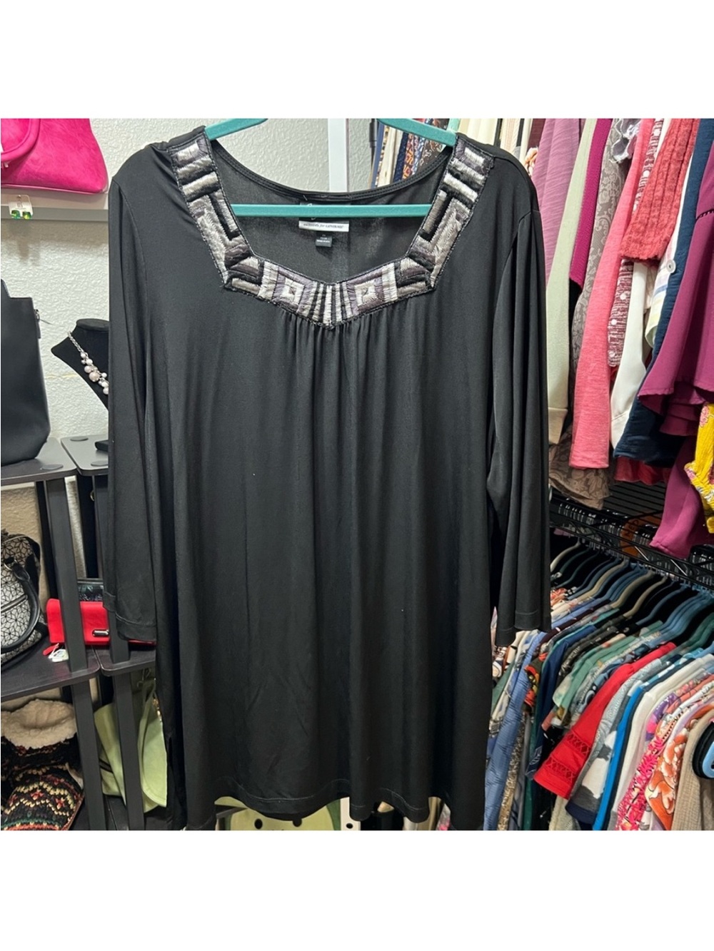 Catherines Black Tunic with Metallic Embellished Square Neckline